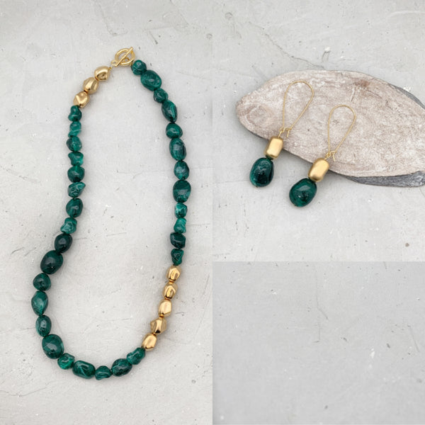 VIVIANA  GREEN NECKLACE&EARRING| סט שרשרת ירוקה קצרה